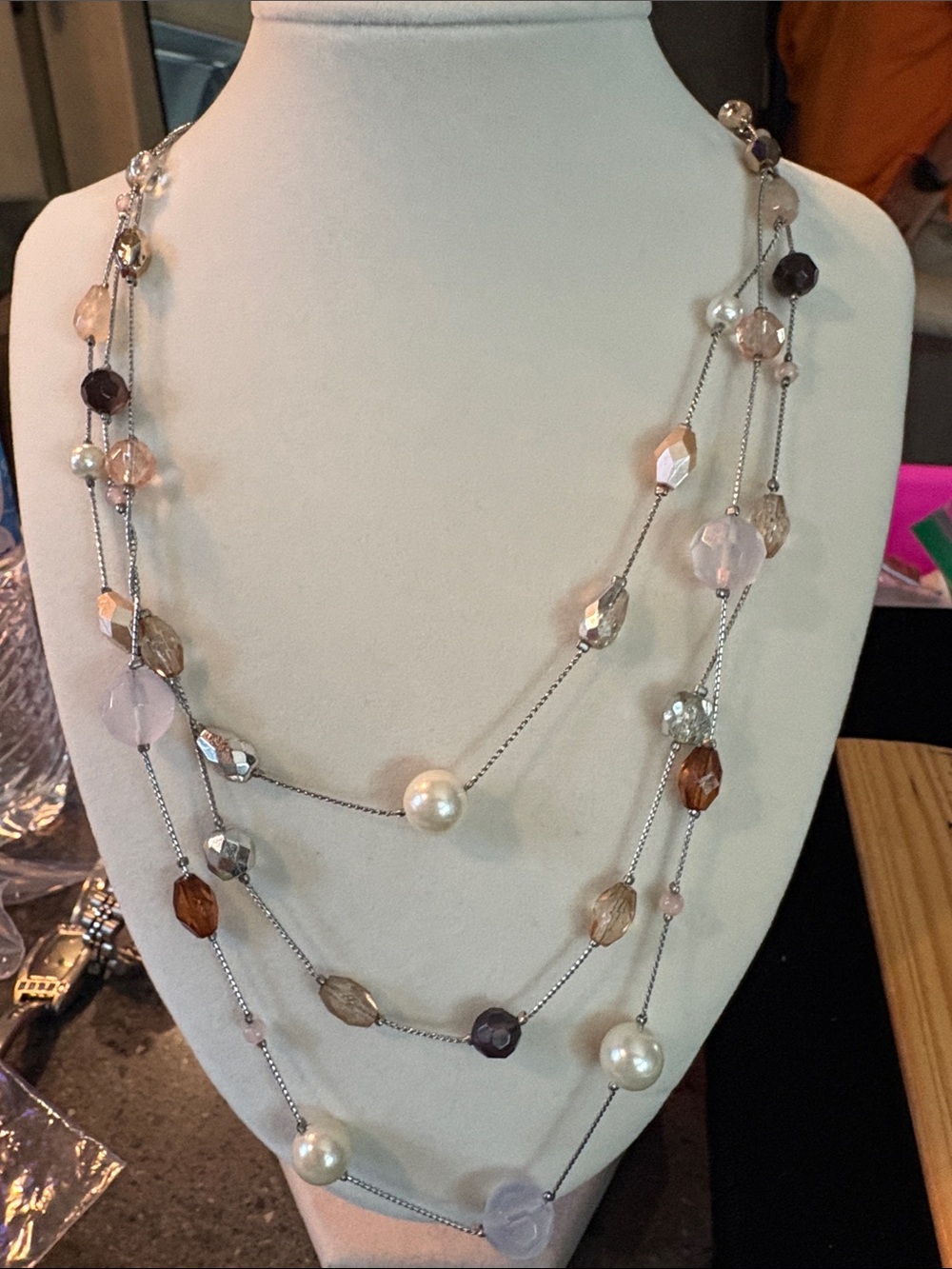 Lia Sophia Pearl and Faceted Bead Multi-Strand Necklace in Cream, Pink and Bro